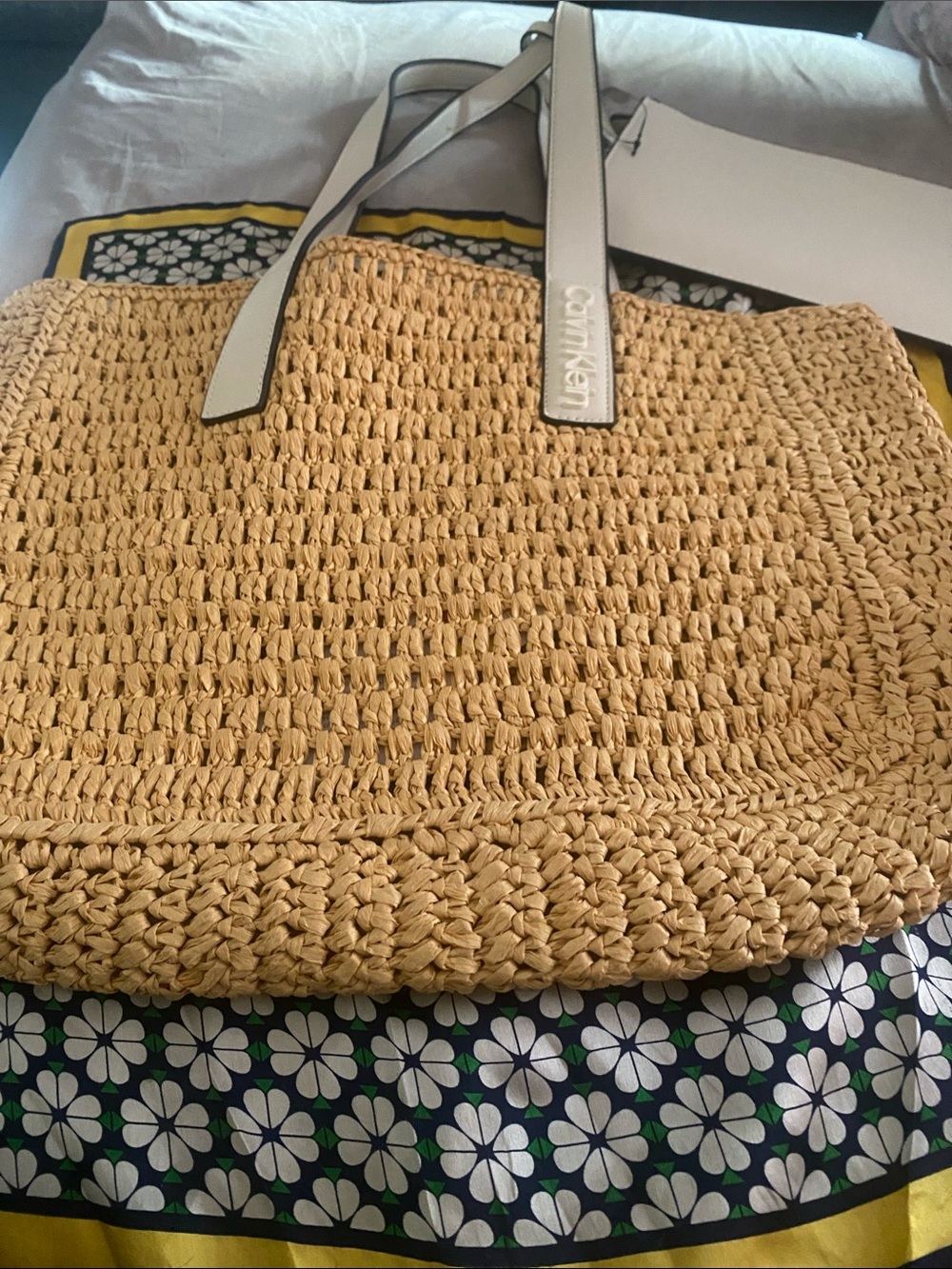 Calvin Klein Tan Woven Tote with Cream Handles